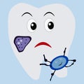 Tooth with different bacteria and a sad face, isolate on a white background